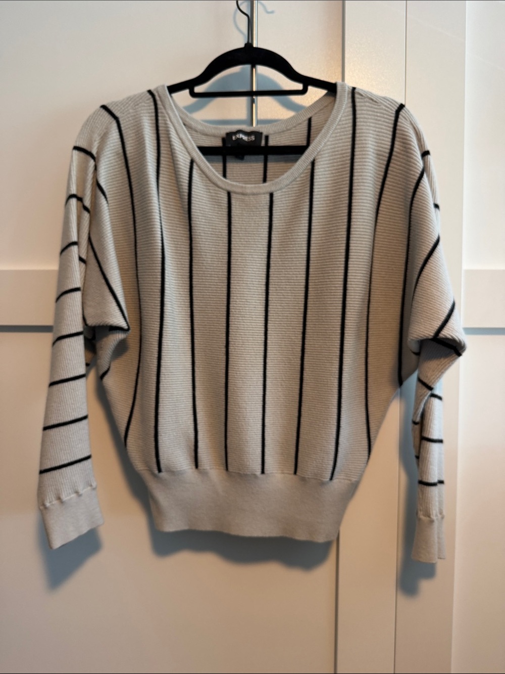 Express Cream Crewneck Sweater with Black Vertical Stripes